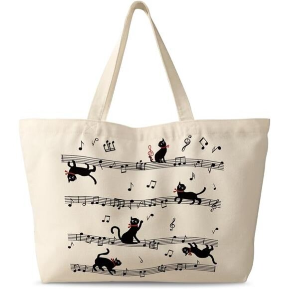 Large Tote Bag for Women Phonogram Cats - Picture 1 of 6